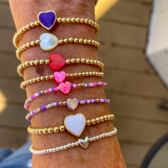 Heart bracelet -Handmade 14k gold filled stretch lab created opal heart bracelet - Picture 3 of 5